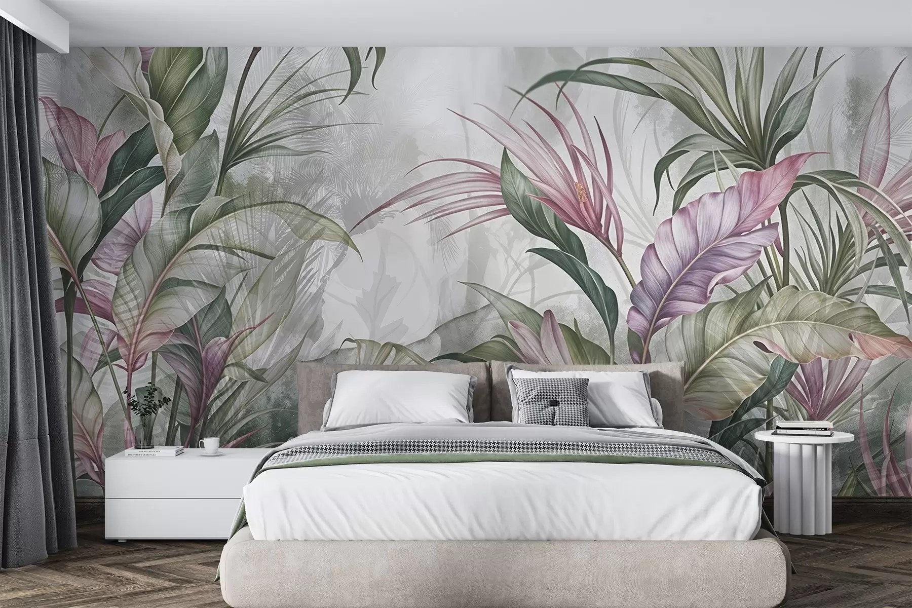 Fotobehang Tropische jungle met grote groene bladeren en roze protea bloemen met wazige getextureerde achtergrond w08375