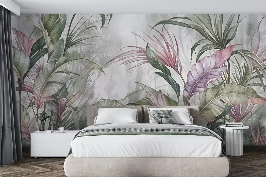Papier peint photo Jungle tropicale avec de grandes feuilles vertes et des fleurs de protea roses sur fond texturé flou w08375