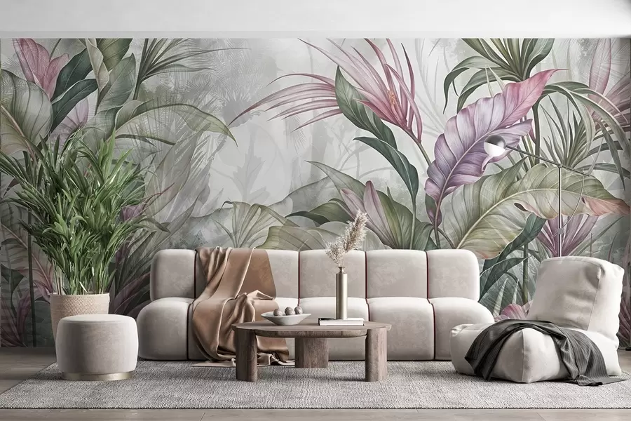 Papier peint photo Jungle tropicale avec de grandes feuilles vertes et des fleurs de protea roses sur fond texturé flou w08375