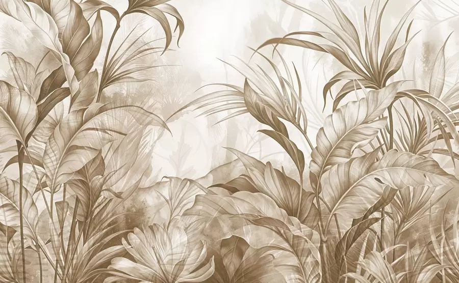 Fotobehang Tropische jungle met grote bruine en beige protea bloemen met wazige getextureerde achtergrond w08375v2
