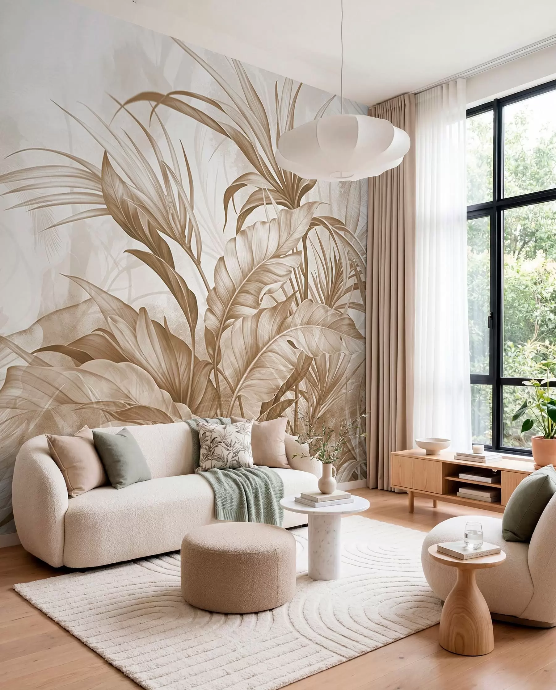 Fotobehang Tropische jungle met grote bruine en beige protea bloemen met wazige getextureerde achtergrond w08375v2