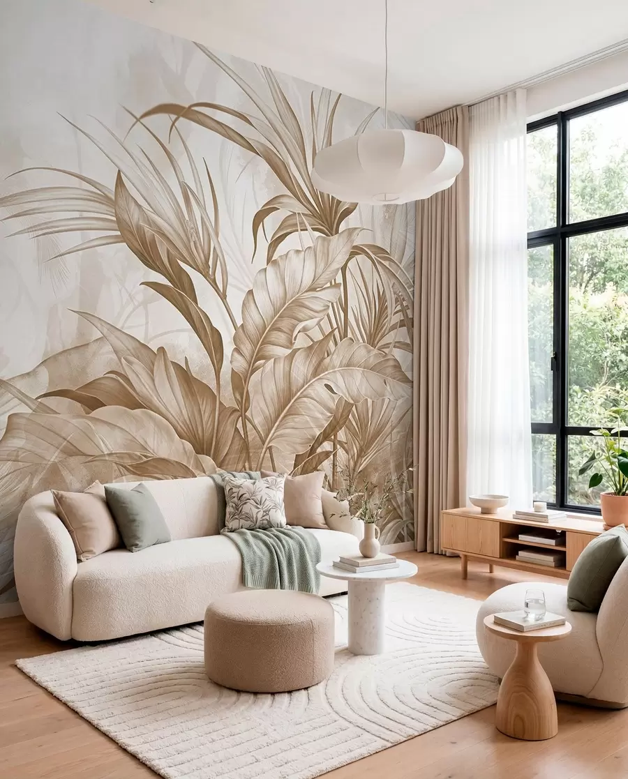 Fotobehang Tropische jungle met grote bruine en beige protea bloemen met wazige getextureerde achtergrond w08375v2
