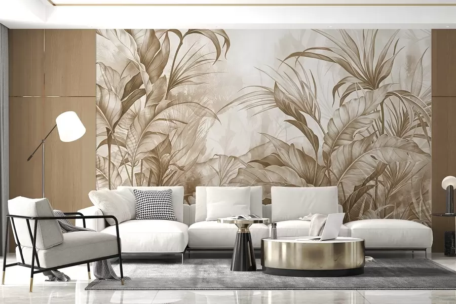 Fotobehang Tropische jungle met grote bruine en beige protea bloemen met wazige getextureerde achtergrond w08375v2