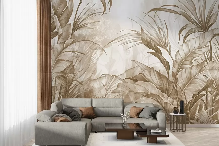 Fotobehang Tropische jungle met grote bruine en beige protea bloemen met wazige getextureerde achtergrond w08375v2