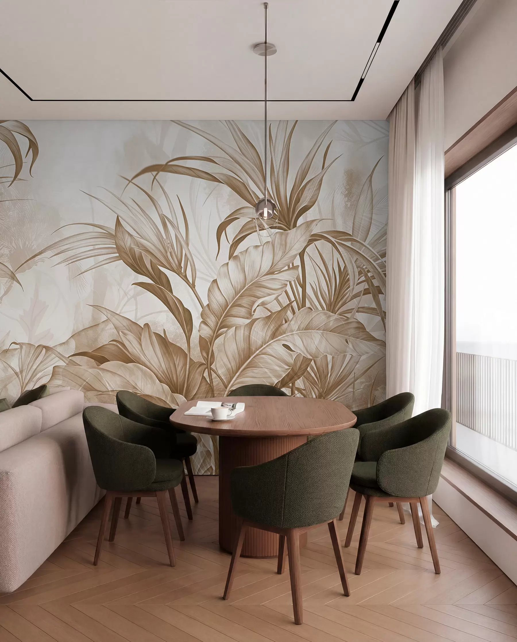 Fotobehang Tropische jungle met grote bruine en beige protea bloemen met wazige getextureerde achtergrond w08375v2