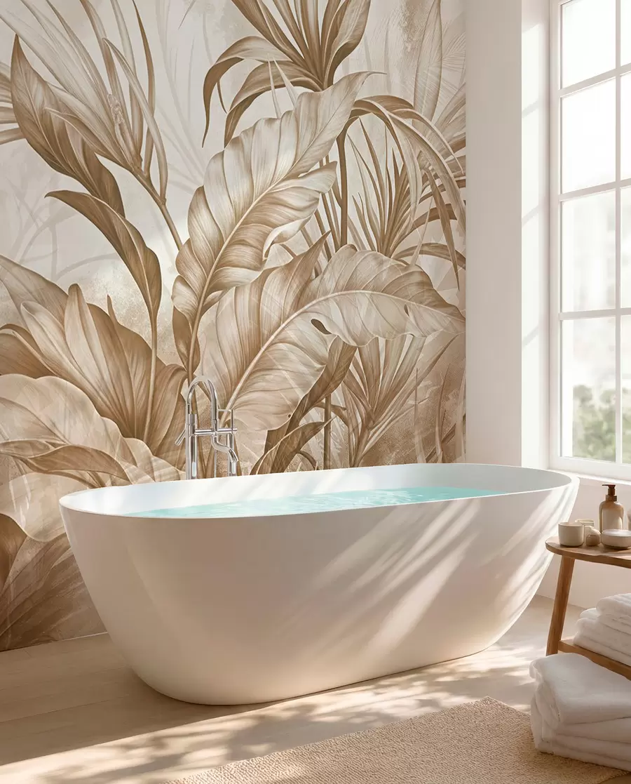 Papier peint photo Jungle tropicale avec de grandes fleurs de protea brunes et beiges sur fond texturé flou w08375v2