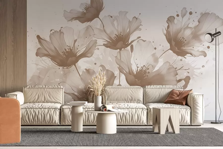 Fotobehang Delicate bruine bloemen met zachte, onscherpe bloemblaadjes en waterverfspatten tegen een lichte achtergrond w08376v1