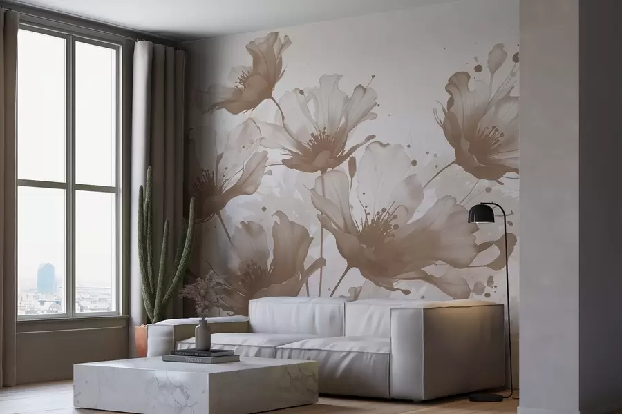 Papier peint photo Fleurs brunes délicates avec des pétales doux et flous et des éclaboussures d'aquarelle sur un fond clair w08376v1