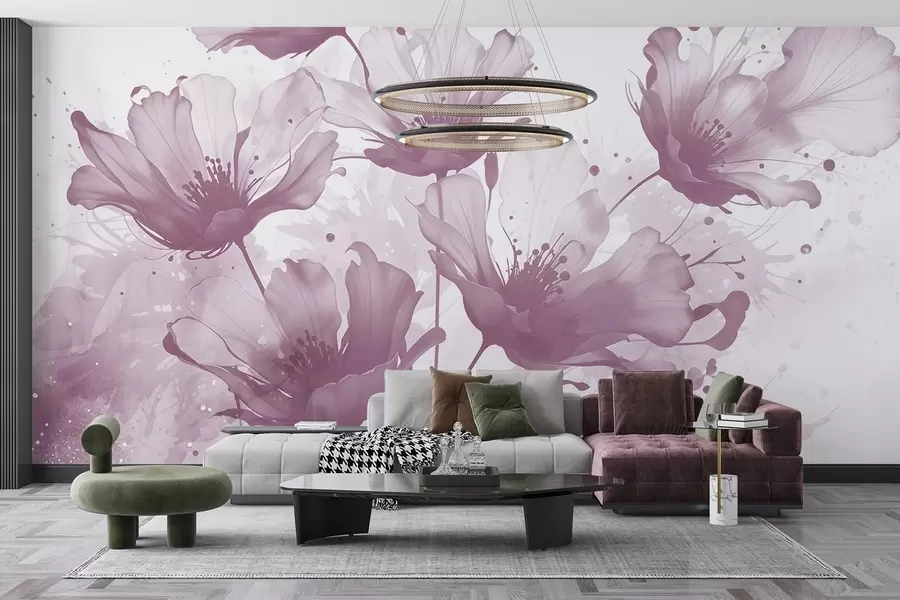 Fotobehang Delicate roze bloemen met zachte, onscherpe bloemblaadjes en waterverfspatten tegen een lichte achtergrond w08376v2