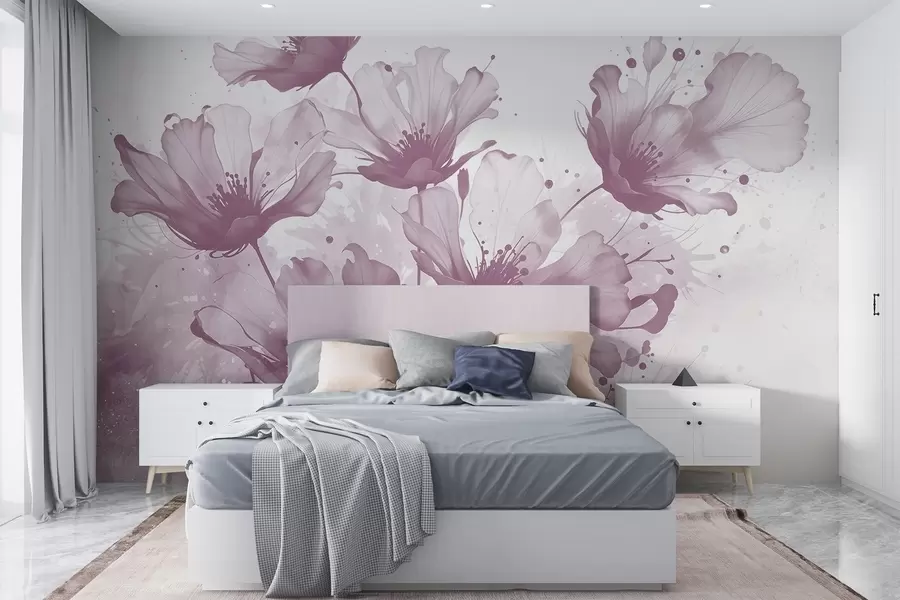 Fotobehang Delicate roze bloemen met zachte, onscherpe bloemblaadjes en waterverfspatten tegen een lichte achtergrond w08376v2