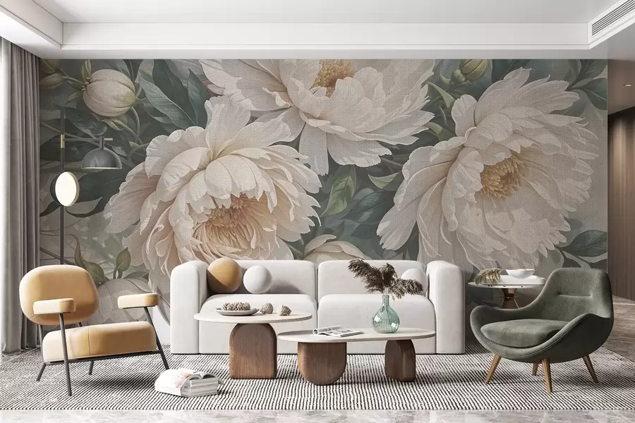 Fotobehang Textuur van grote witte pioenbloemen met groene bladeren, een weelderig en romantisch bloemstuk w08377