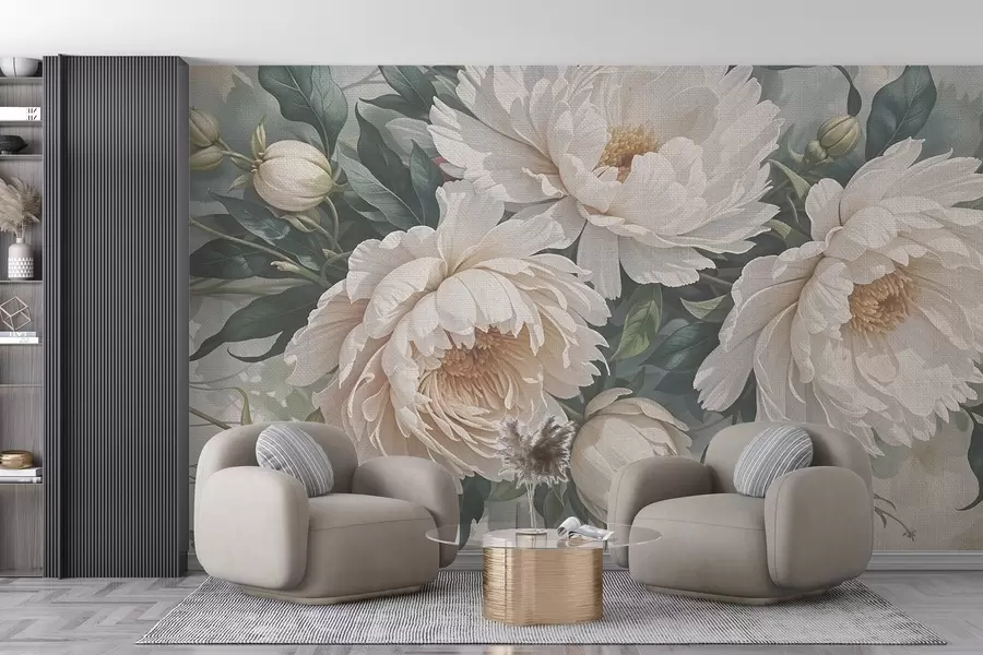Fotobehang Textuur van grote witte pioenbloemen met groene bladeren, een weelderig en romantisch bloemstuk w08377
