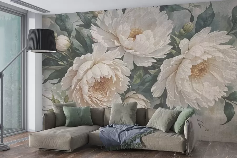 Fotobehang Textuur van grote witte pioenbloemen met groene bladeren, een weelderig en romantisch bloemstuk w08377