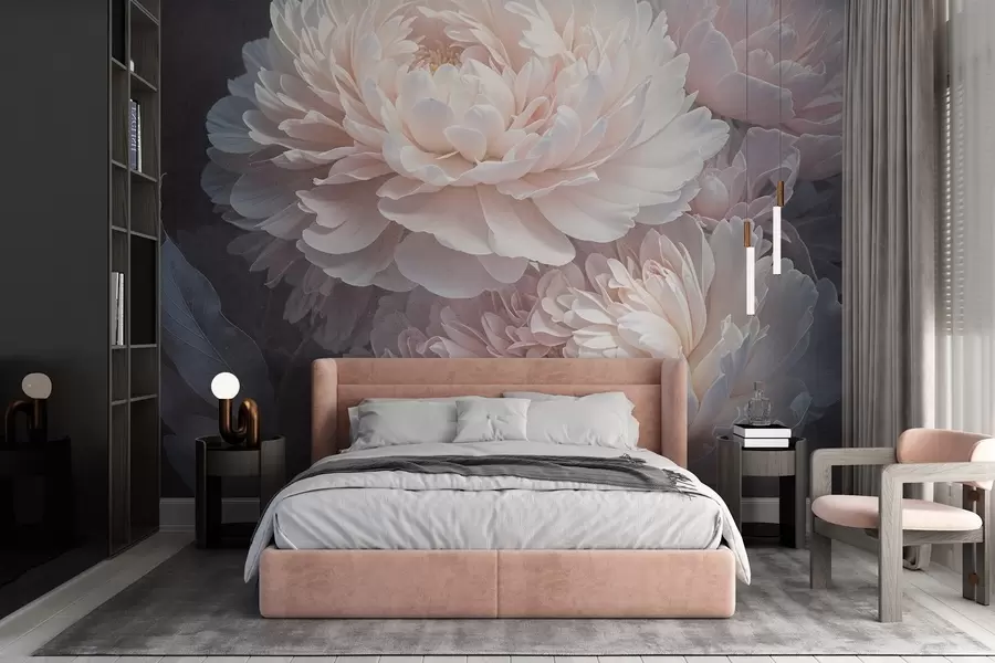 Fotobehang Een close-up van twee grote, delicate roze pioenrozen met zachte, pluizige bloemblaadjes en bladeren tegen een onscherpe achtergrond w08382