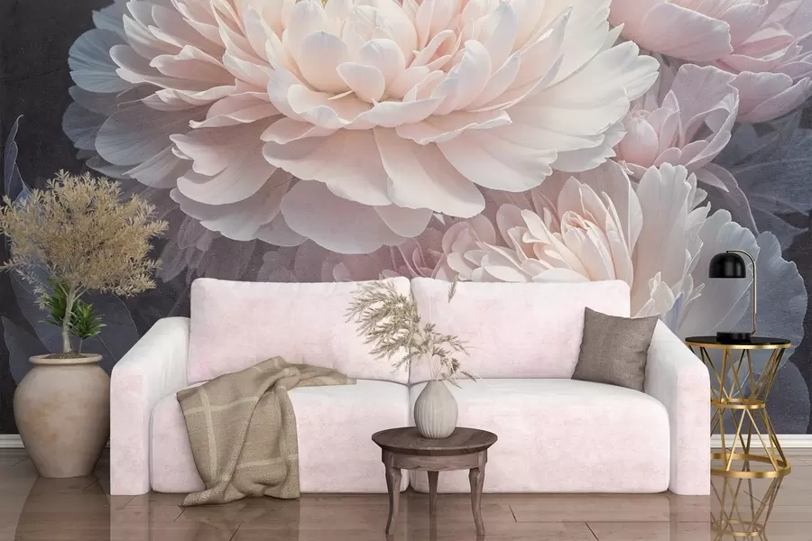 Fotobehang Een close-up van twee grote, delicate roze pioenrozen met zachte, pluizige bloemblaadjes en bladeren tegen een onscherpe achtergrond w08382