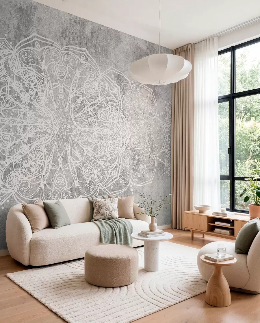 Fotobehang Een gedetailleerd, ingewikkeld wit kanten mandalapatroon op een getextureerde loftgrijze muurachtergrond w08387