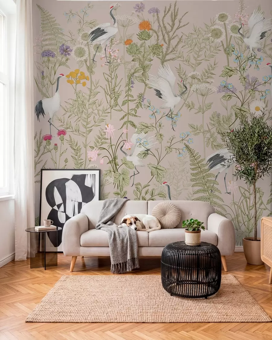 Fotobehang Elegante kraanvogels tussen levendige bloemen w00380