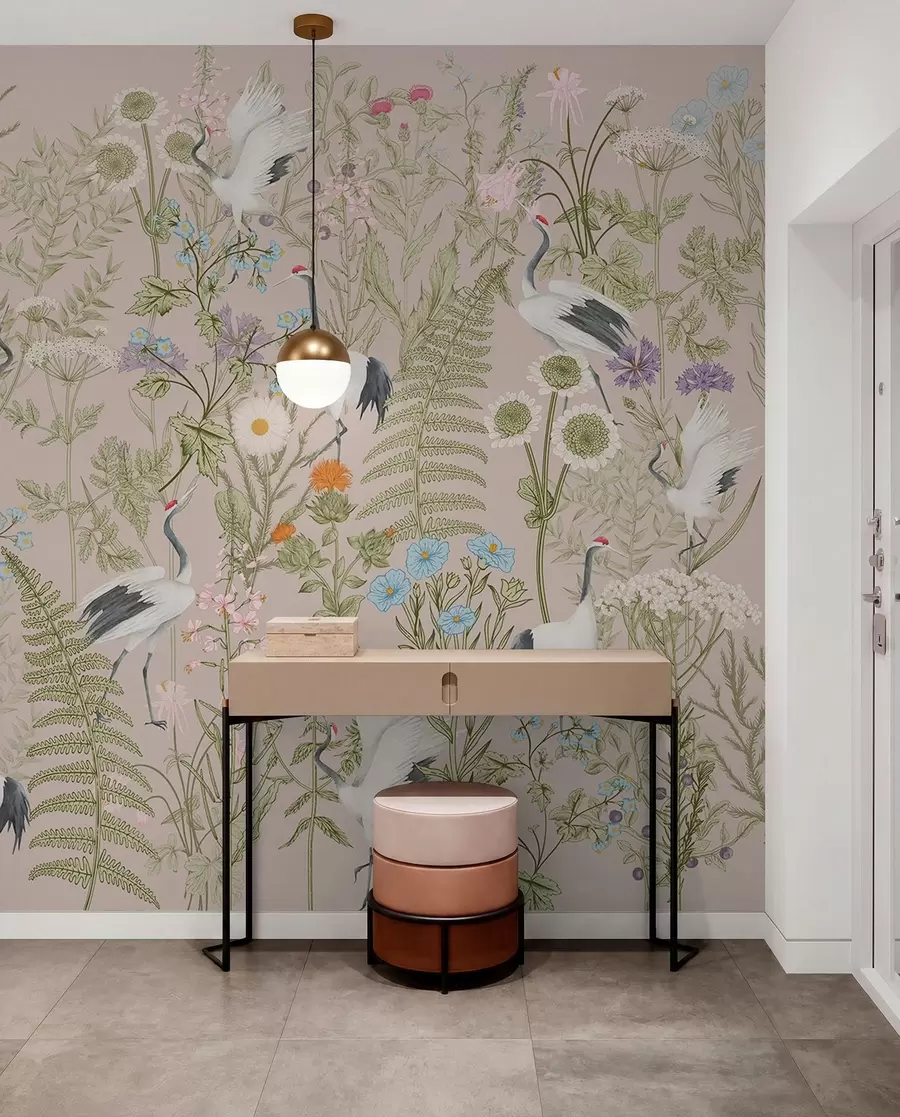 Fotobehang Elegante kraanvogels tussen levendige bloemen w00380