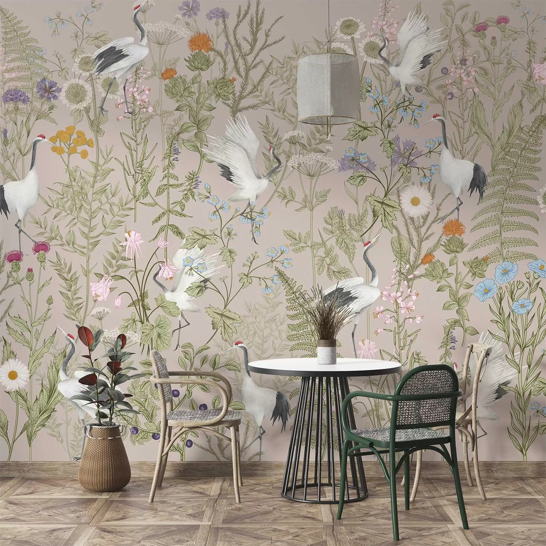 Fotobehang Elegante kraanvogels tussen levendige bloemen w00380