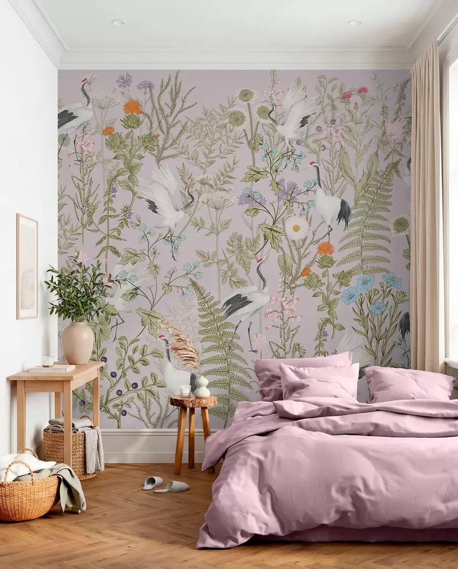 Fotobehang Elegante kraanvogels te midden van levendige bloemen w00380v3