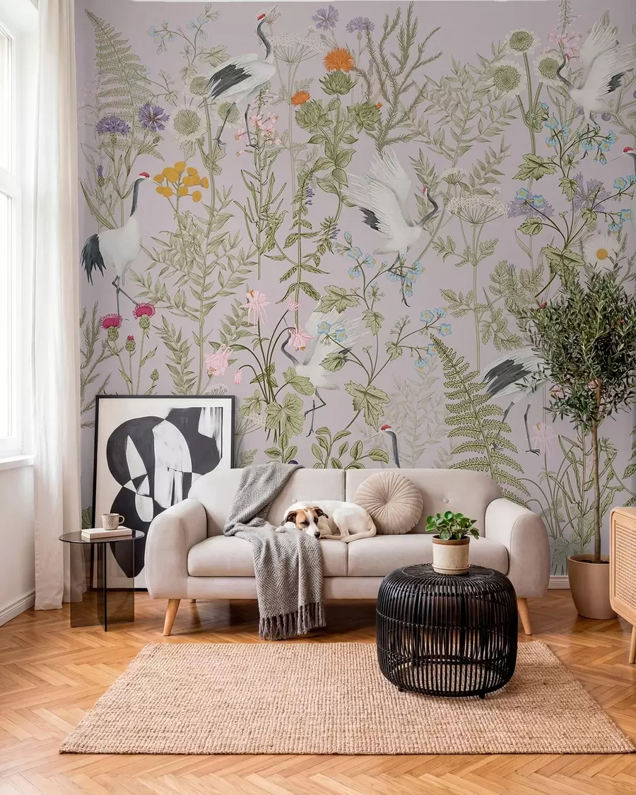 Fotobehang Elegante kraanvogels te midden van levendige bloemen w00380v3