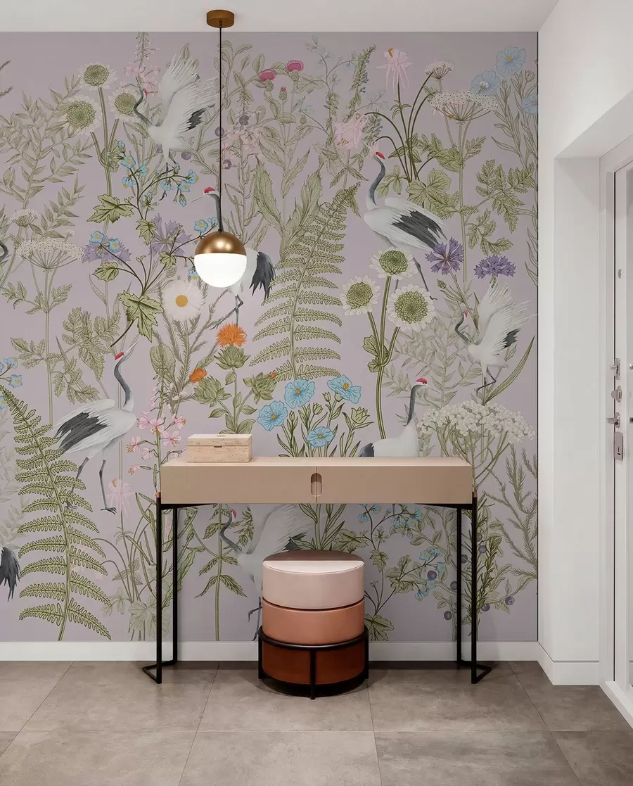 Fotobehang Elegante kraanvogels te midden van levendige bloemen w00380v3