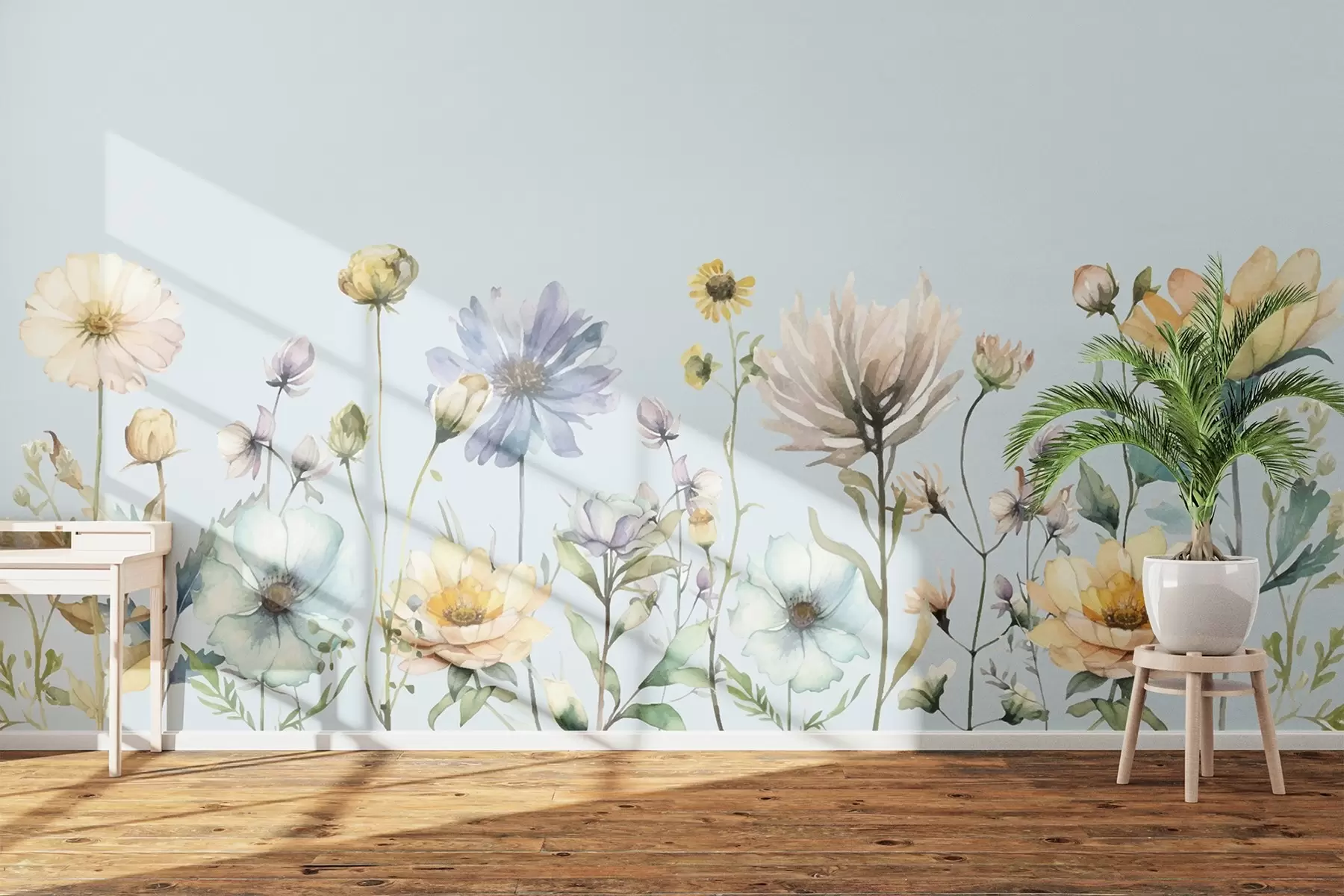 Fotobehang Bloeiende bloemen in zachte pasteltinten w00398