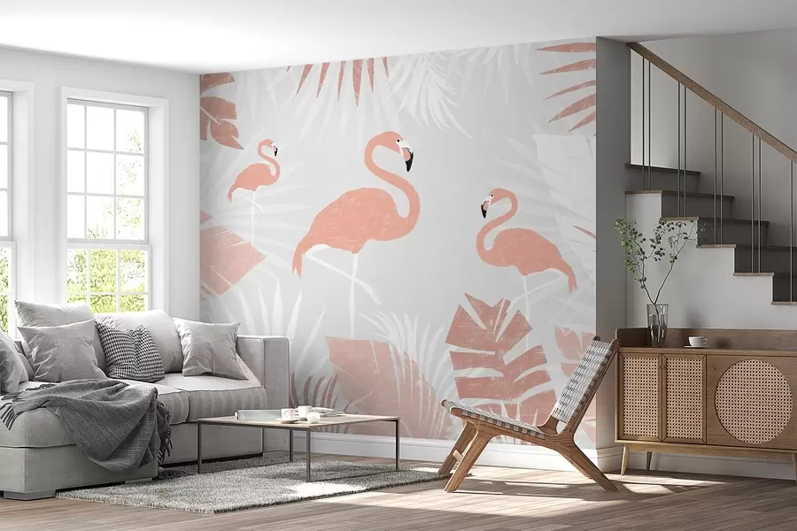 Fotobehang Flamingo's tussen tropische bladeren w00791