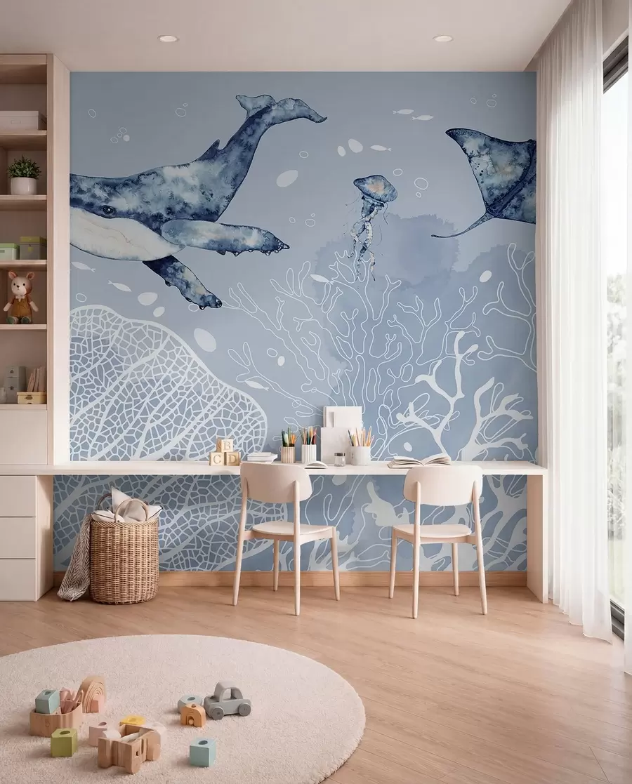 Papier peint photo Baleine sur corail blanc w00848