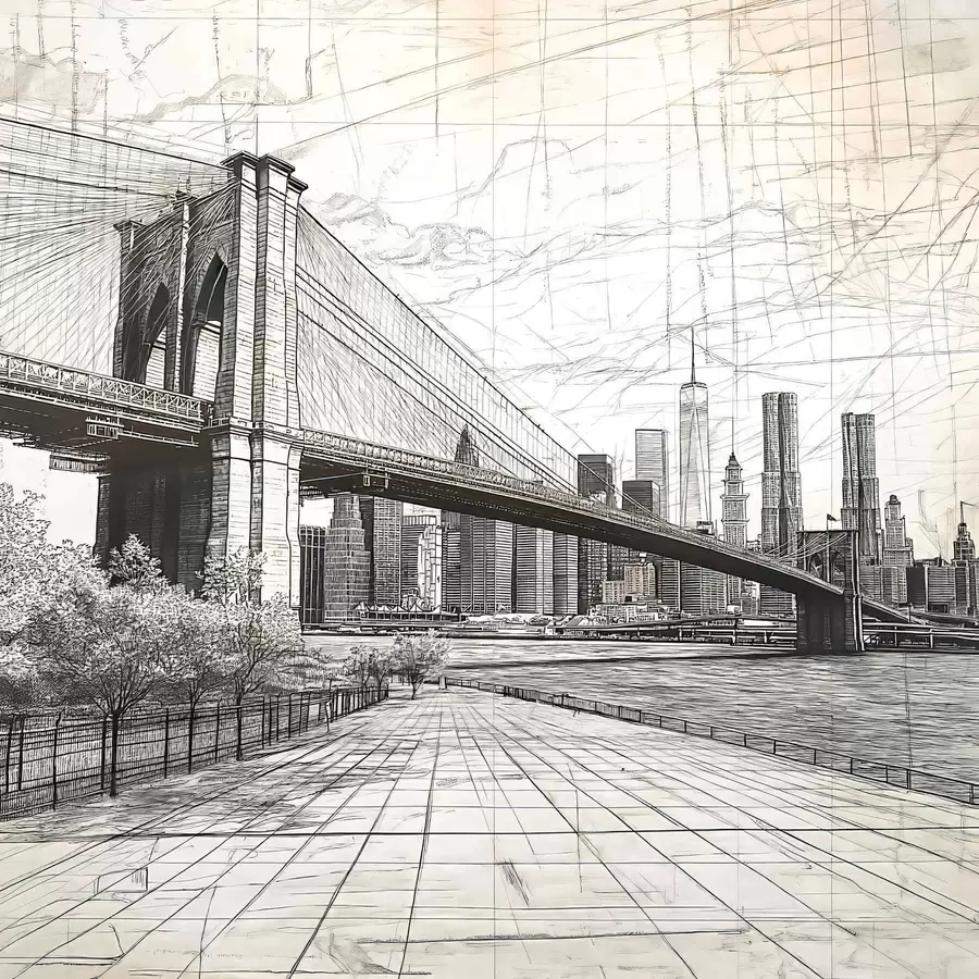 Fotobehang Panorama van de Brooklyn Bridge gemaakt in een schetsmatige retrotechniek met lijnen en krassen w01961