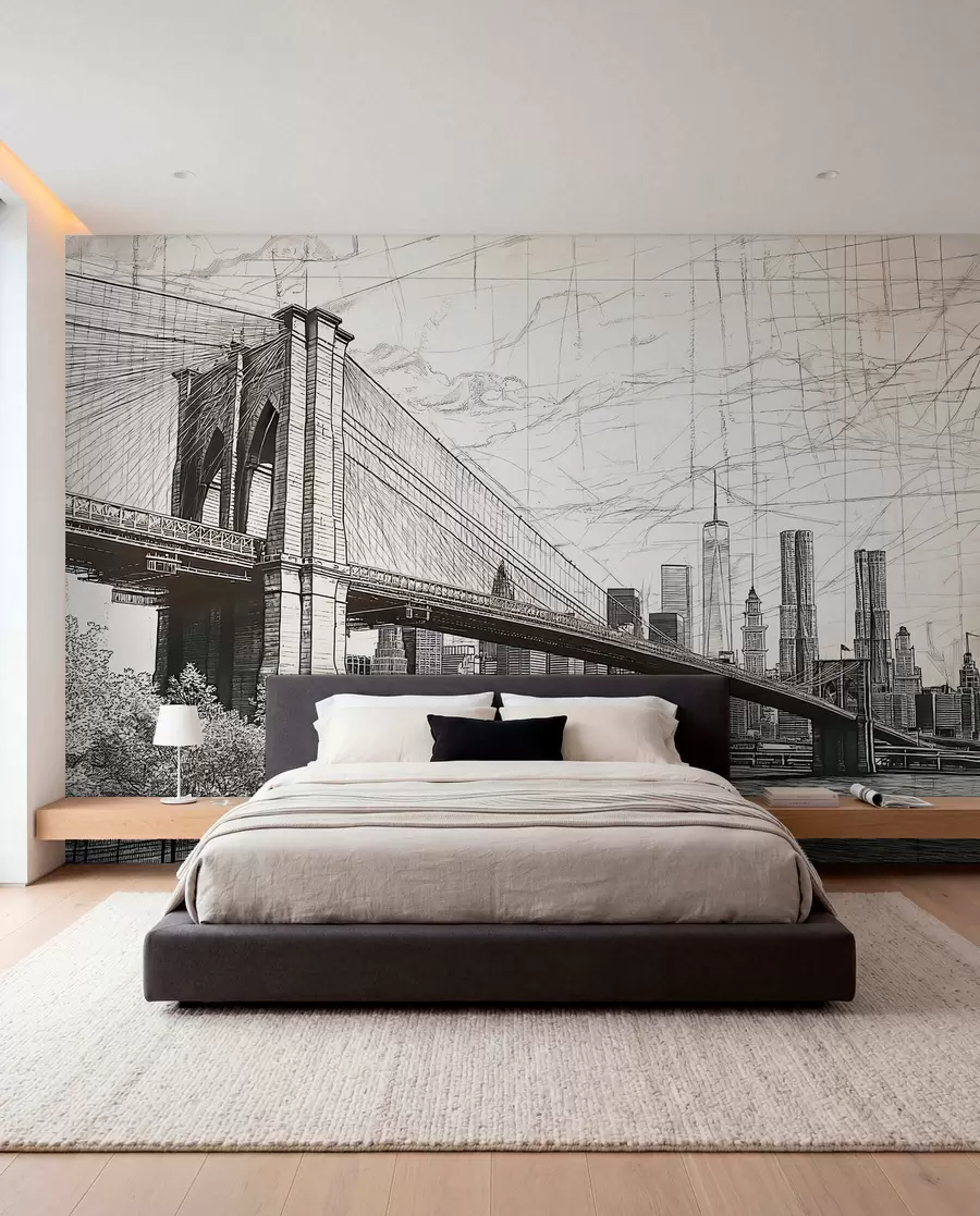 Papier peint photo Panorama du pont de Brooklyn réalisé avec une technique de croquis rétro avec des lignes et des rayures w01961