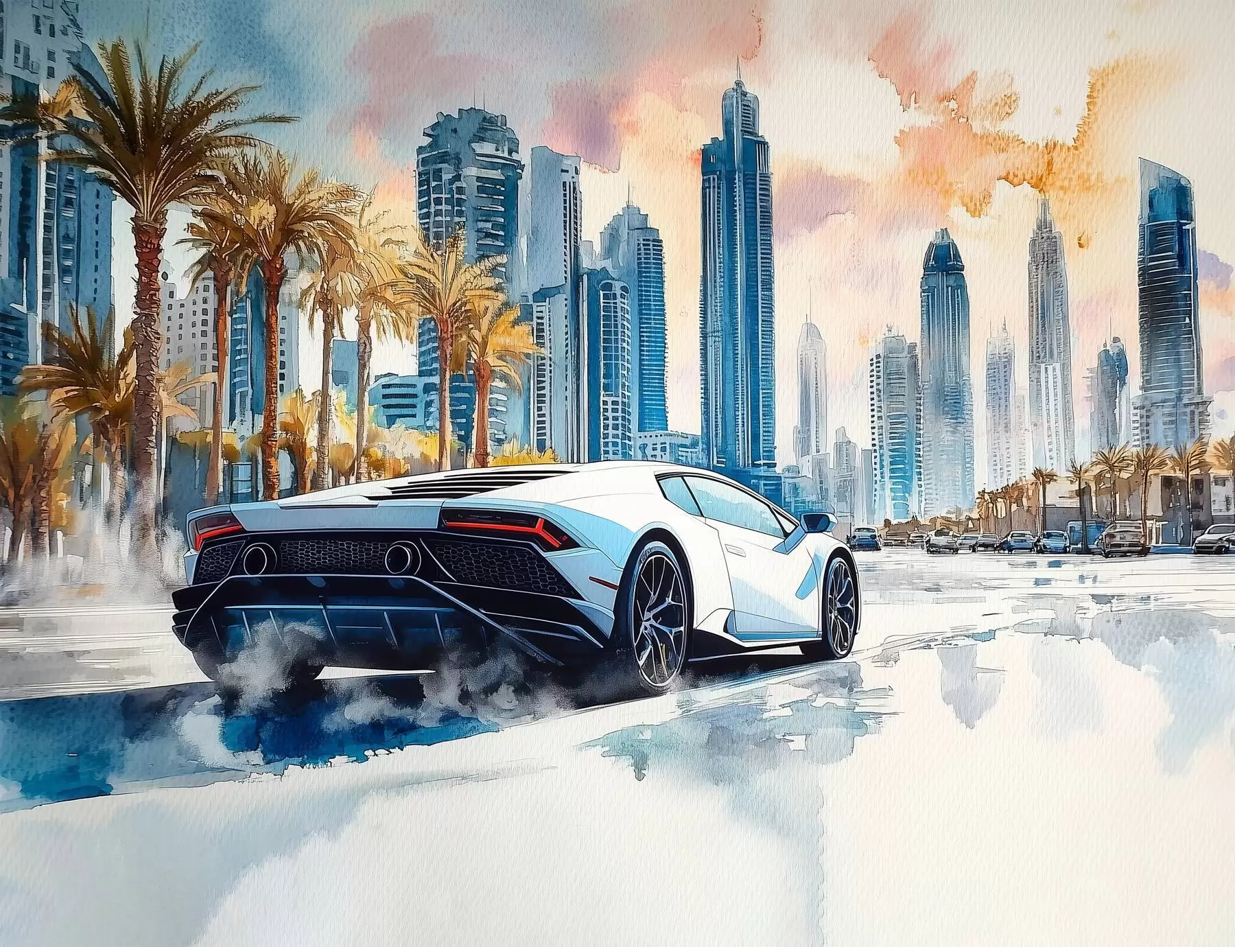 Fotobehang Een witte moderne sportwagen racet tegen de achtergrond van palmbomen en wolkenkrabbers in vrije aquareltechniek w01963