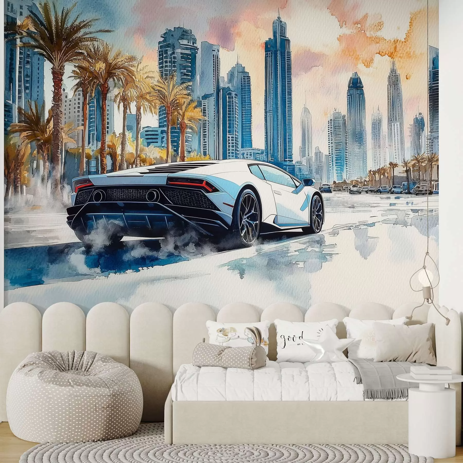 Peintures Une voiture de sport moderne blanche roulant sur fond de palmiers et de gratte-ciel en technique d'aquarelle libre w01963
