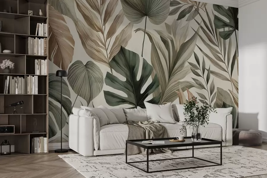 Fotobehang Grote tropische bladeren in ingetogen delicate pasteltinten w02082