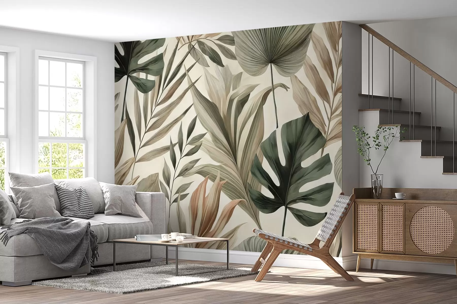 Fotobehang Grote tropische bladeren in ingetogen delicate pasteltinten w02082
