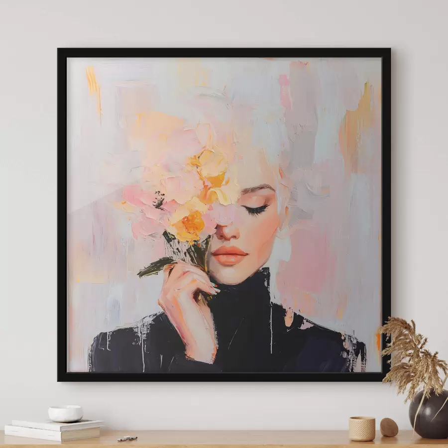 Papier peint photo Femme abstraite avec un bouquet de fleurs dans les mains avec des coups de pinceau f41355