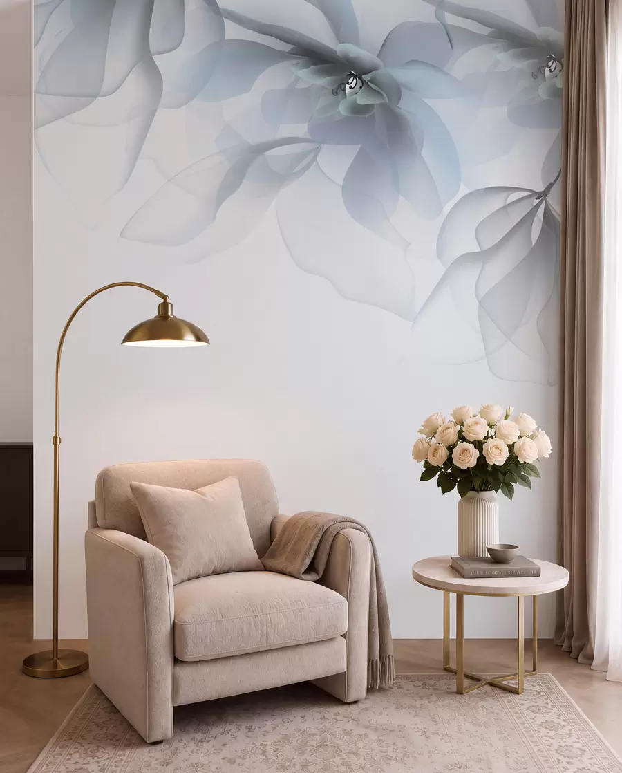 Fotobehang blauwe doorschijnende grote bloemen bovenop w02093v2