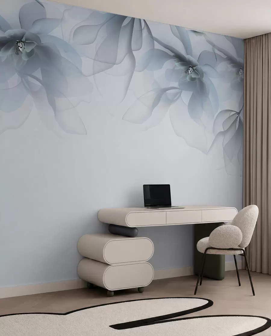 Fotobehang blauwe doorschijnende grote bloemen bovenop w02093v2