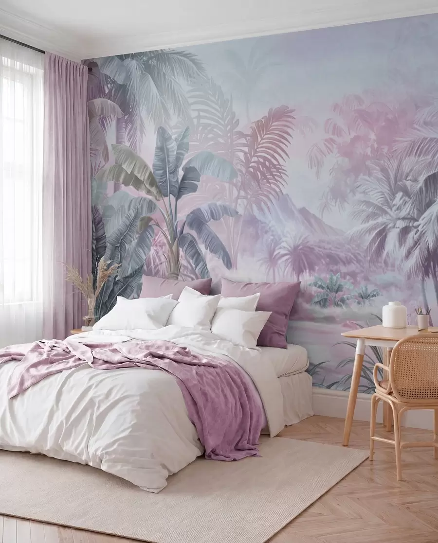 Fotobehang Regenwoud in zachte blauwe en roze tinten w01931v2