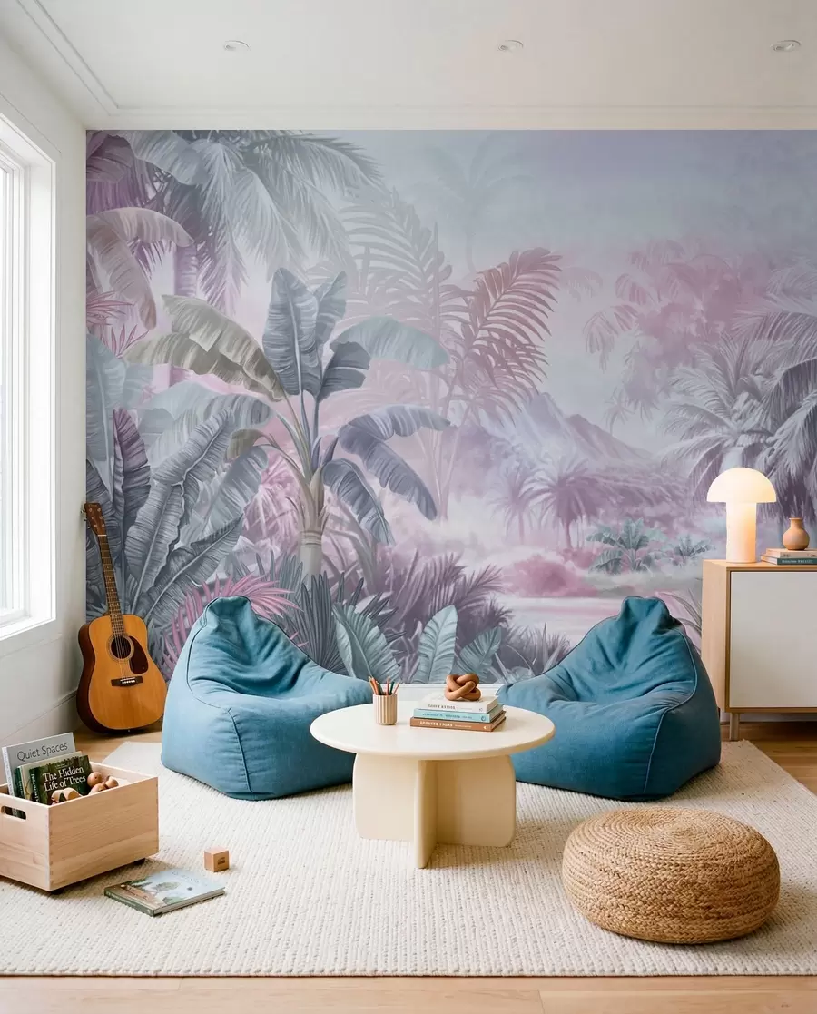 Fotobehang Regenwoud in zachte blauwe en roze tinten w01931v2