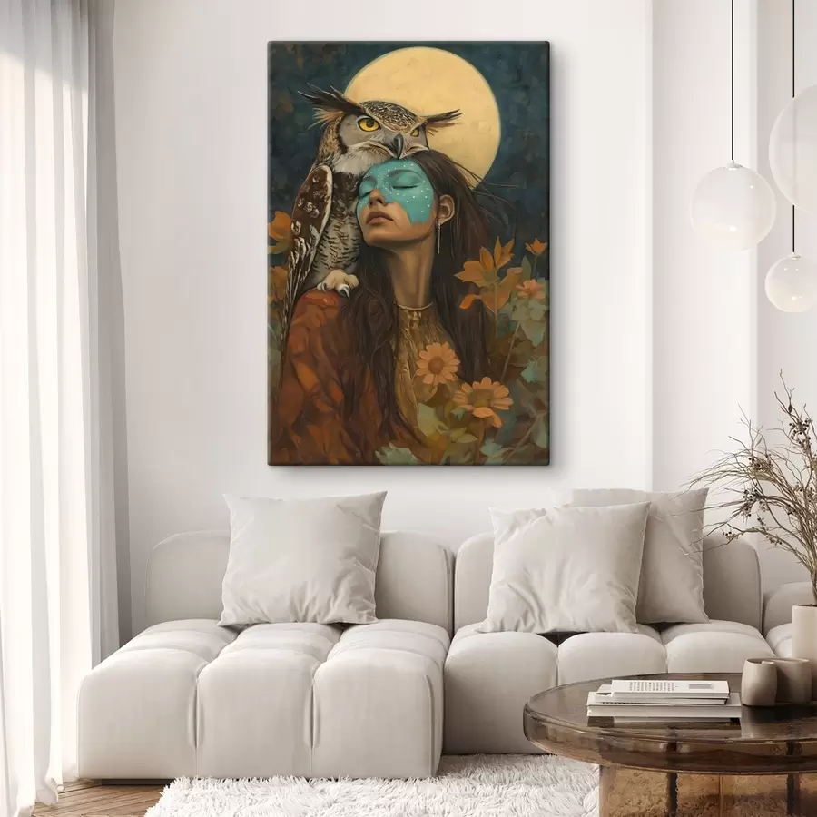  Peintures Femme avec hibou, style tribal, pleine lune, fleurs s41444