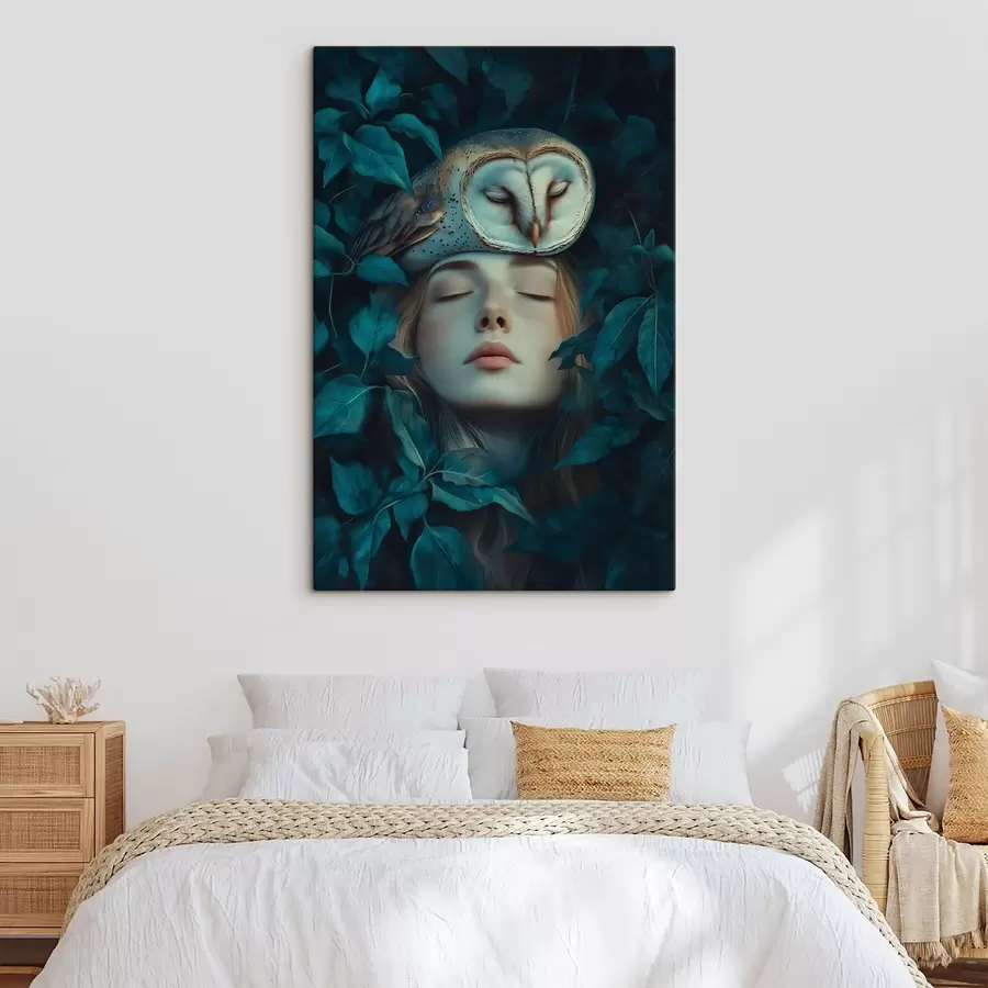 Peintures Femme avec hibou dans les feuilles vertes, paisible, nature s41445