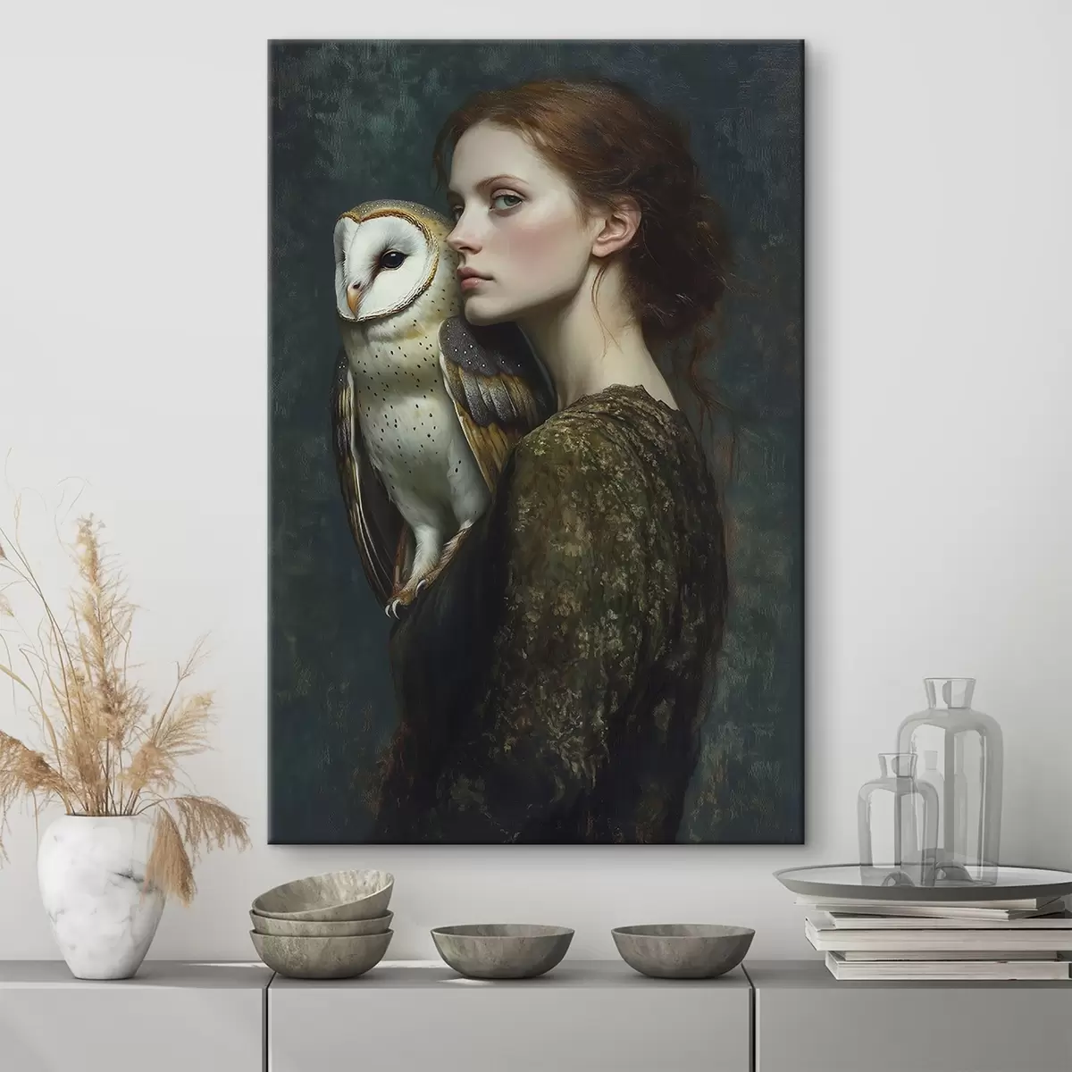  Schilderijen Vrouwenportret met uil op de schouder, penseelstreken, acryl s41447