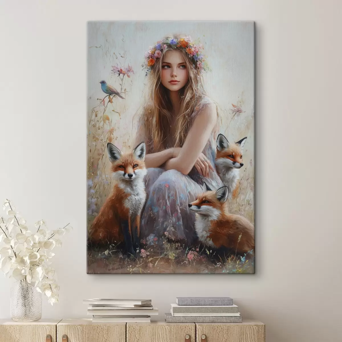  Schilderijen Meisje in de wei, wilde dieren, vossen, vogels, bloemenkrans s41451