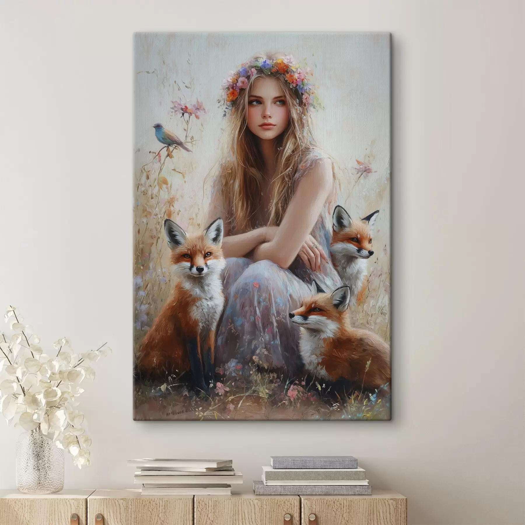  Peintures Fille dans la prairie, animaux sauvages, renards, oiseaux, couronne florale s41451