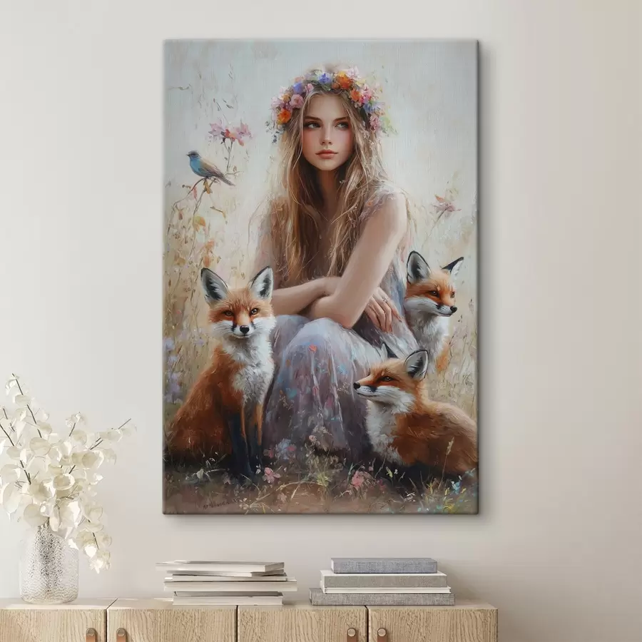  Schilderijen Meisje in de wei, wilde dieren, vossen, vogels, bloemenkrans s41451