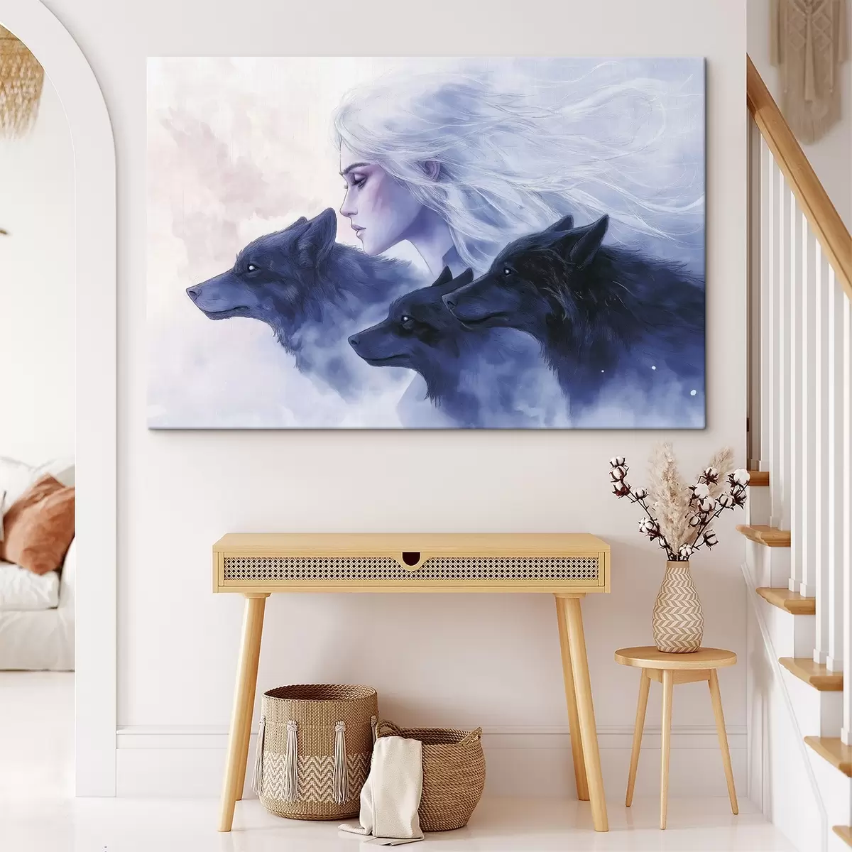  Peintures Hiver, femme avec loups, brouillard, mystérieux s41460