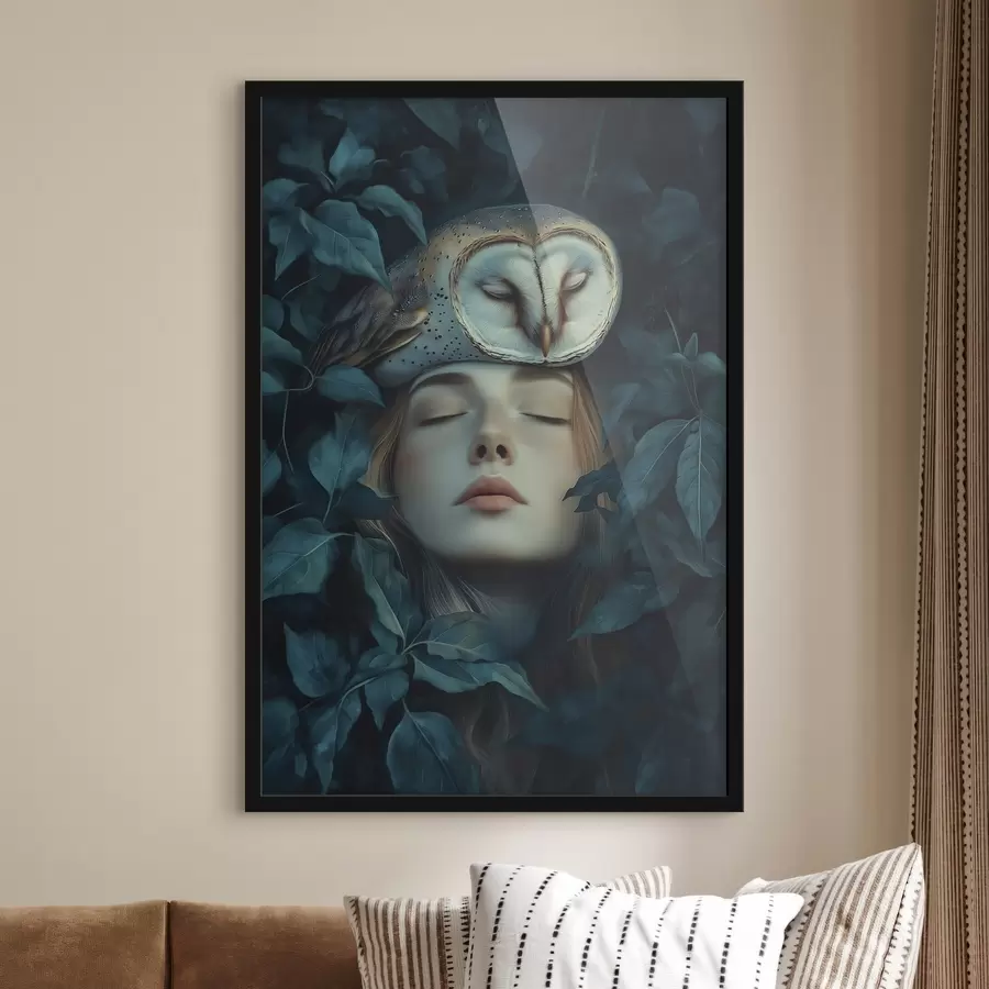  Schilderijen Vrouw met uil in de groene bladeren, vredig, natuur f41445