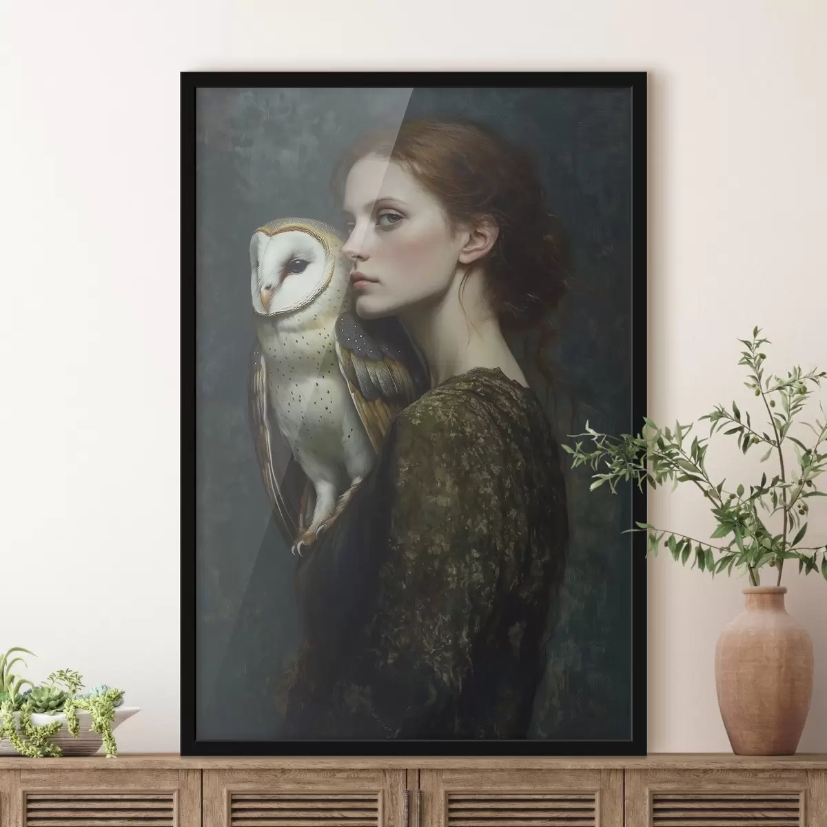 Affiche Portrait de femme avec hibou sur l'épaule, coups de pinceau, acrylique f41447
