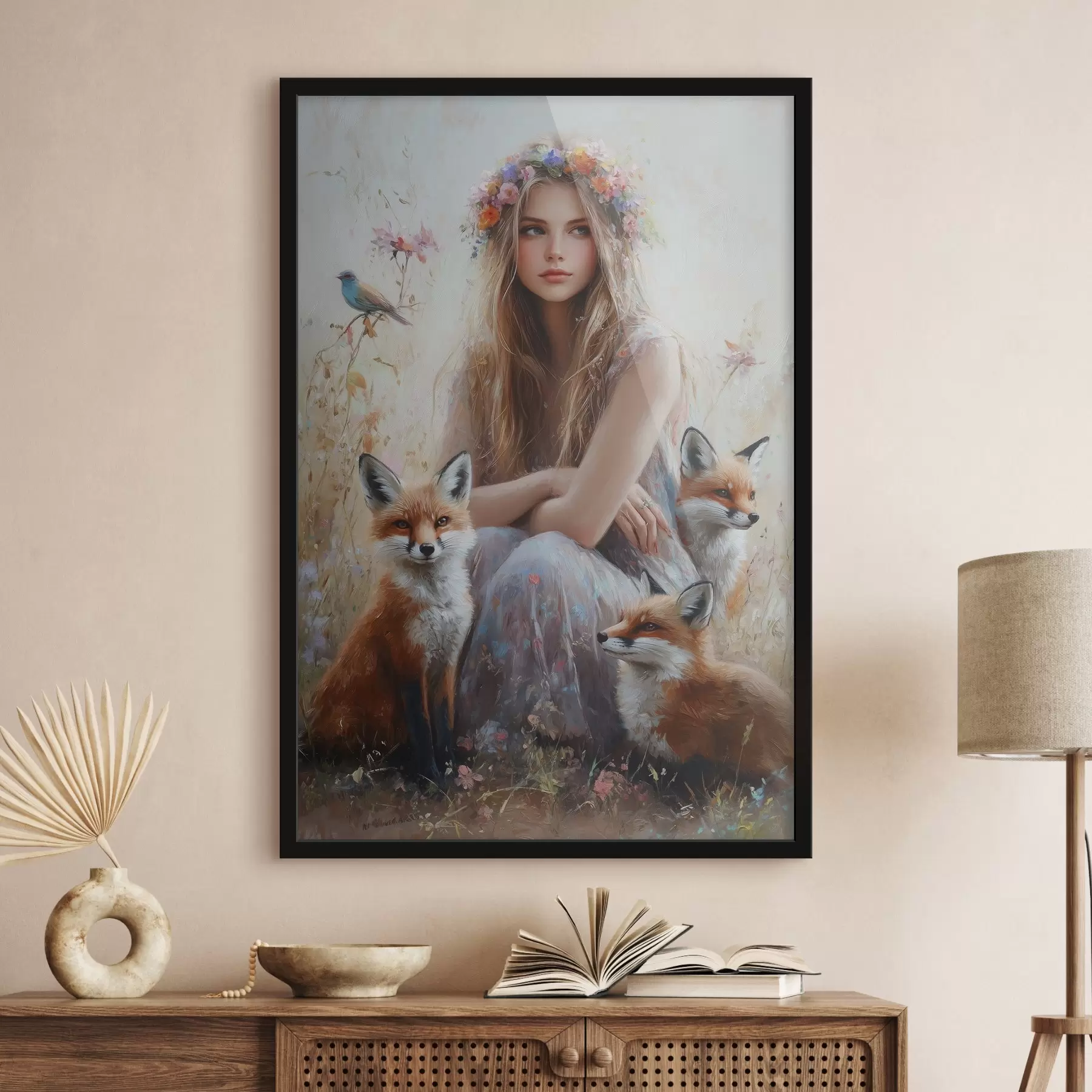 Fotobehang Meisje in de wei, wilde dieren, vossen, vogels, bloemenkrans f41451